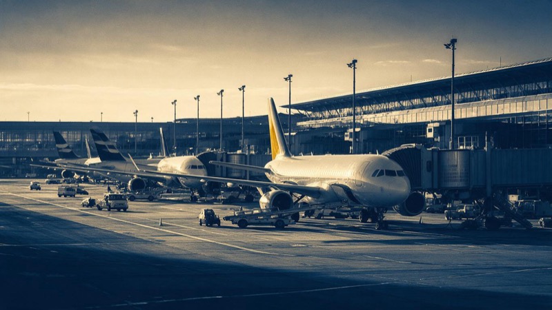 A line of airliners parked at the gates of a large airport terminal at dawn, jet bridges attached and ground vehicles circling