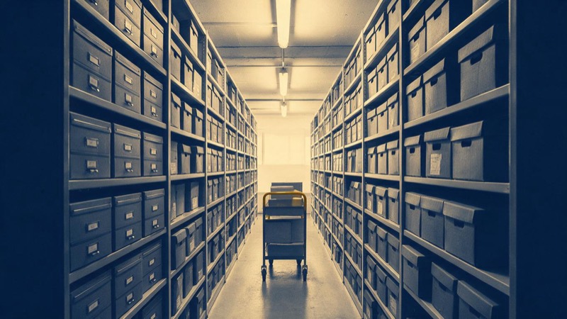 A tidy archive room with grey filing cabinets and cardboard boxes on tall shelves, strip light overhead, a single trolley in the aisle