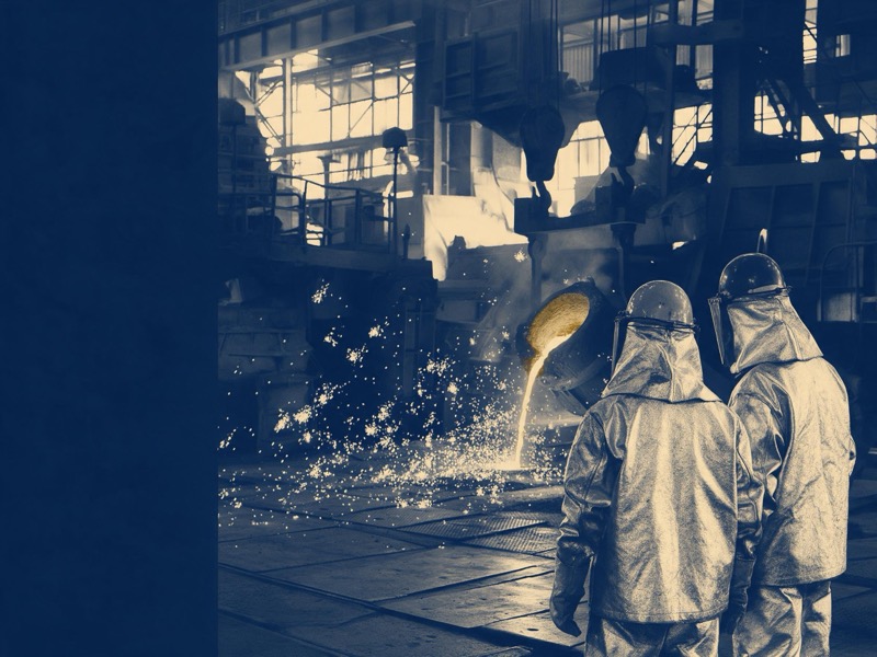 a steelworks with molten metal pouring, sparks and steam