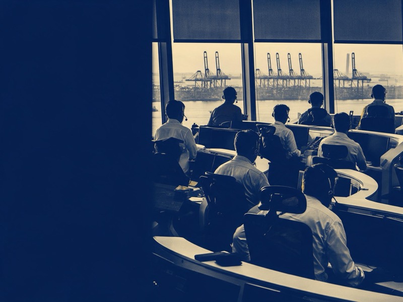a trading floor of an exchange seen from the gallery, empty desks at dawn