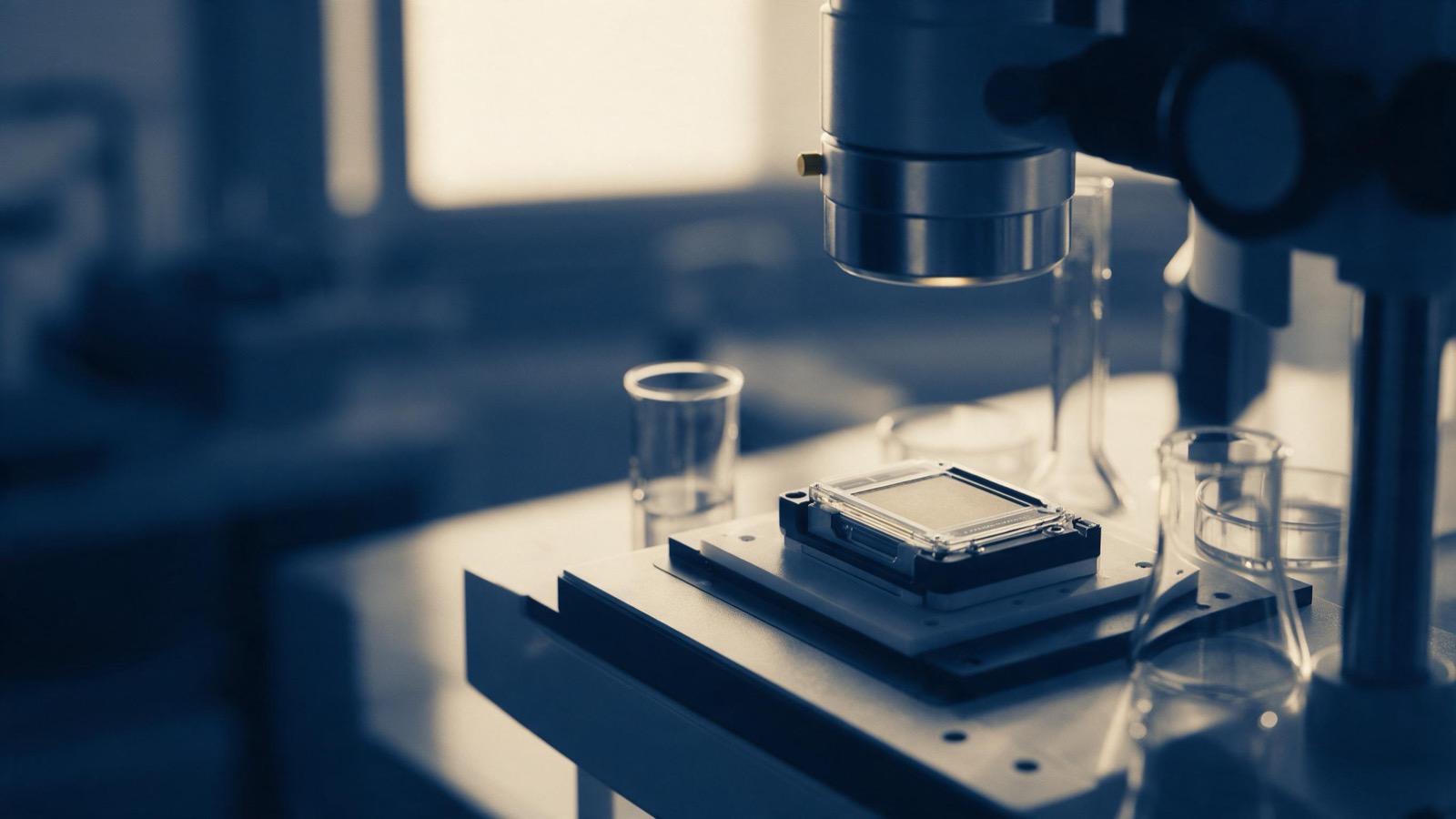 a DNA sequencer's flow cell under a microscope lamp, laboratory glassware
