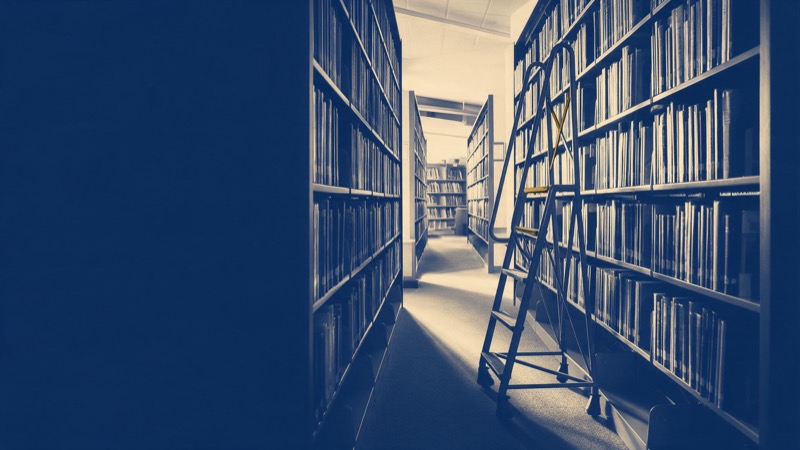 a long library aisle with tall shelves and a rolling ladder