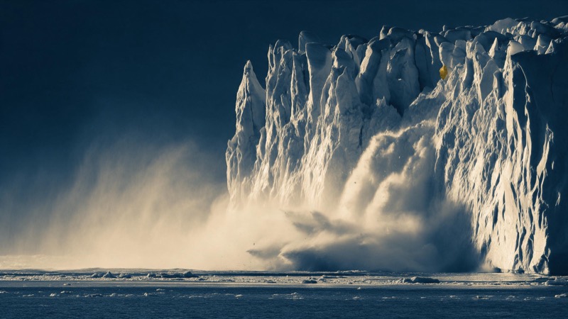 a glacier calving into the sea, ice cliff and mist