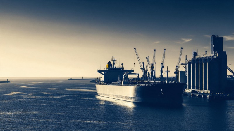 an oil tanker and grain silos at a deep-water port, cranes against the sky