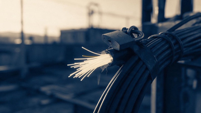 a padlock on a fibre-optic cable bundle, glowing strands