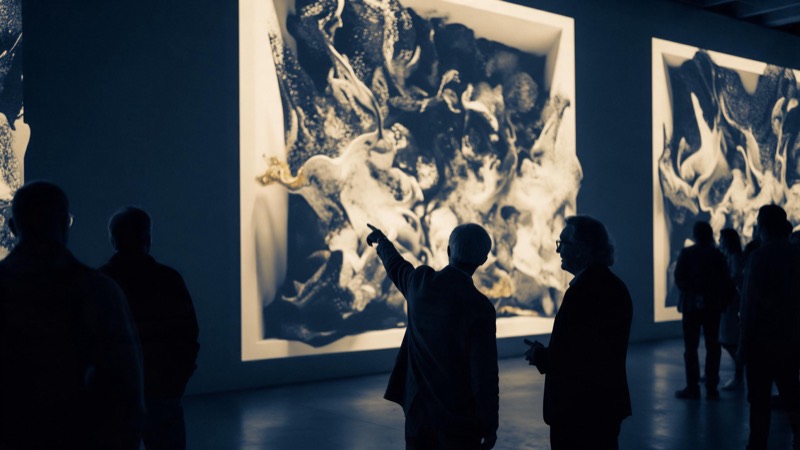 a gallery wall with empty frames lit by spotlights