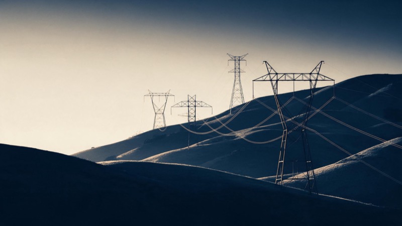 high-voltage pylons crossing hills at dusk, cables catching the light