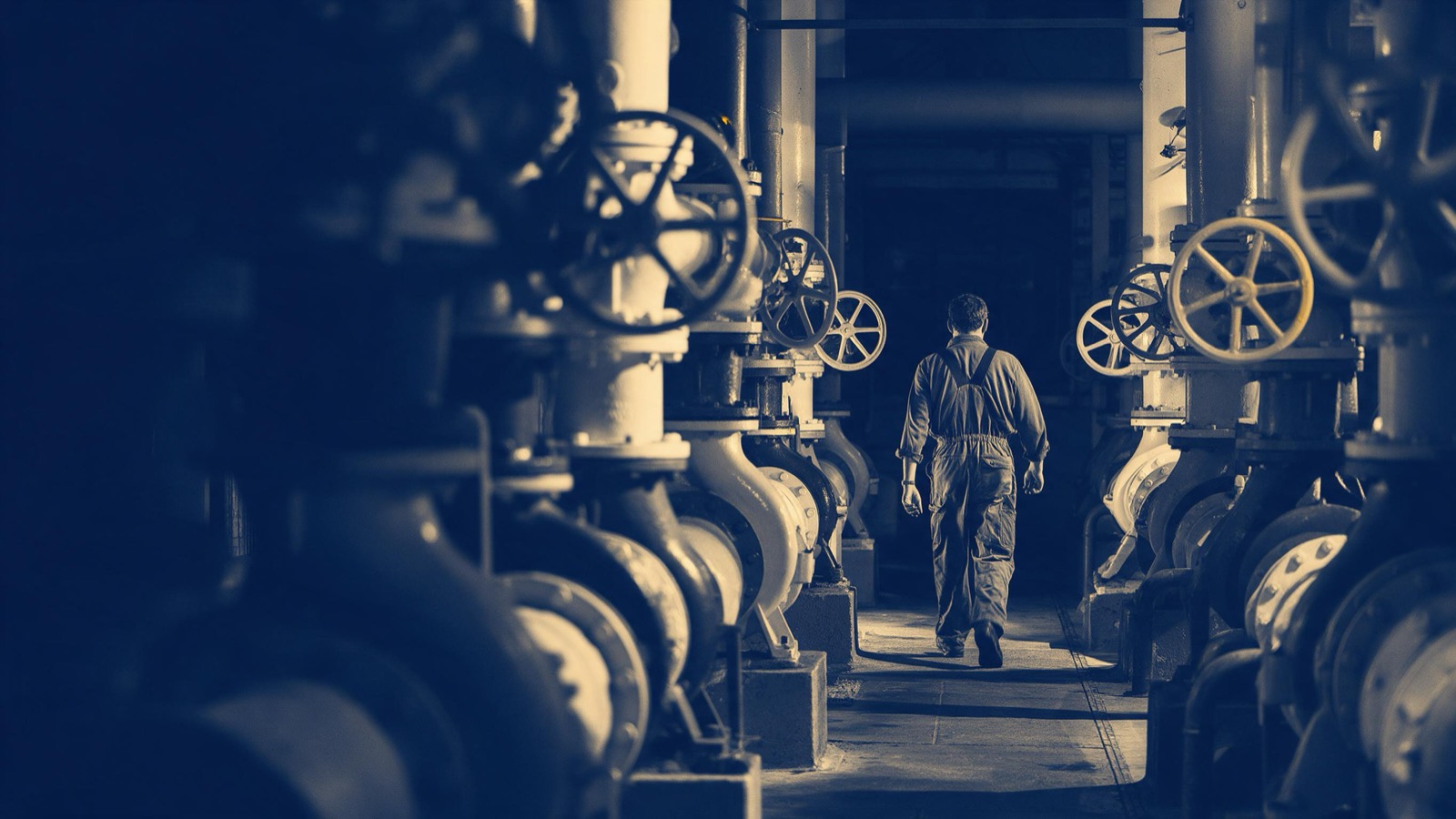 a control room of a power station, valves and gauges, no readable dials