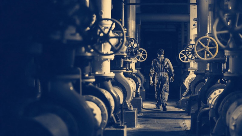a control room of a power station, valves and gauges, no readable dials