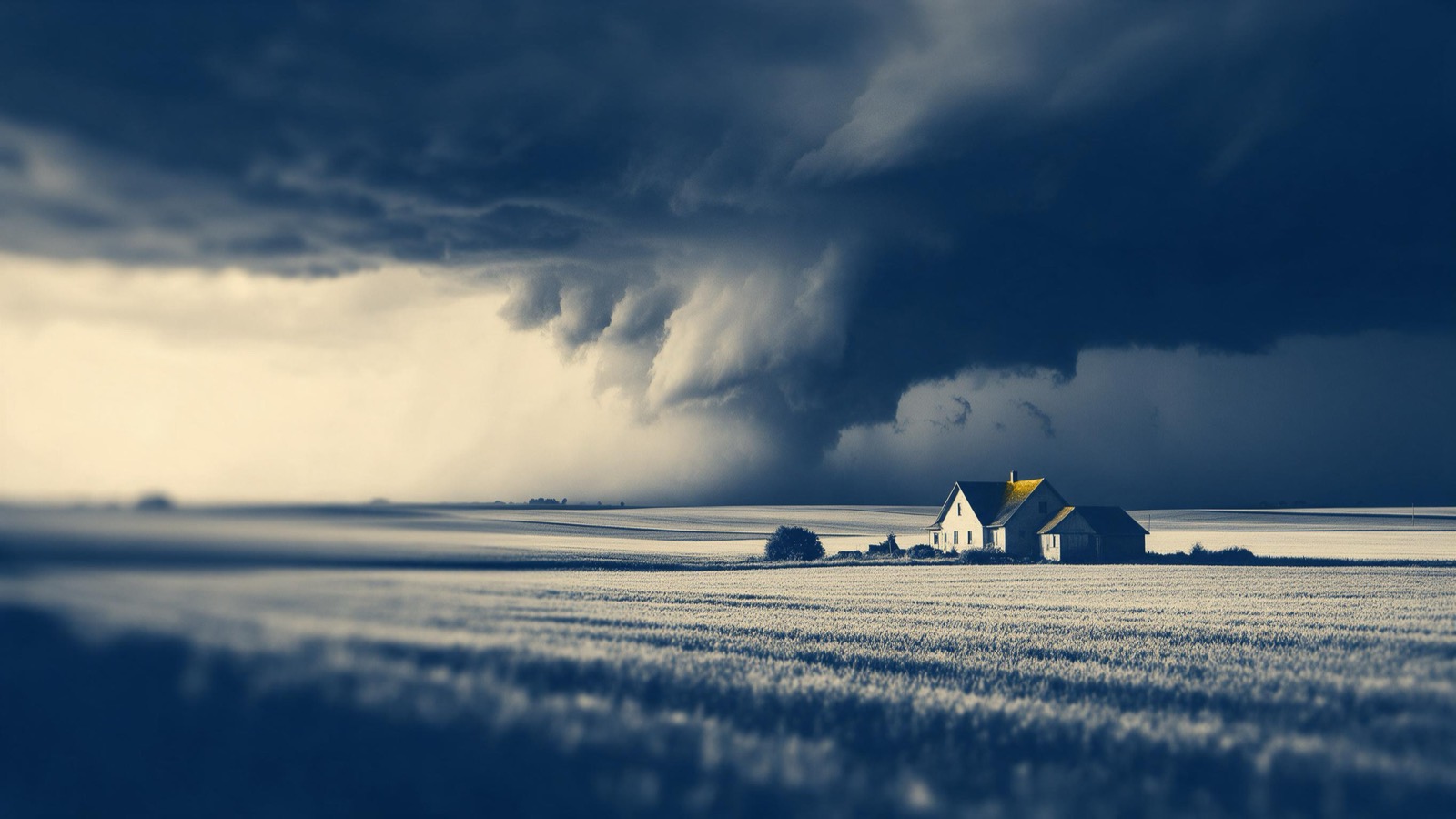 a storm front rolling over flat farmland, a single farmhouse