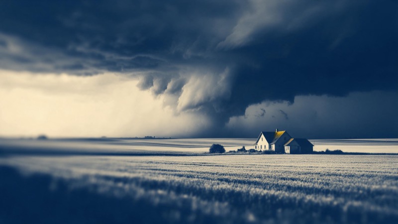 a storm front rolling over flat farmland, a single farmhouse