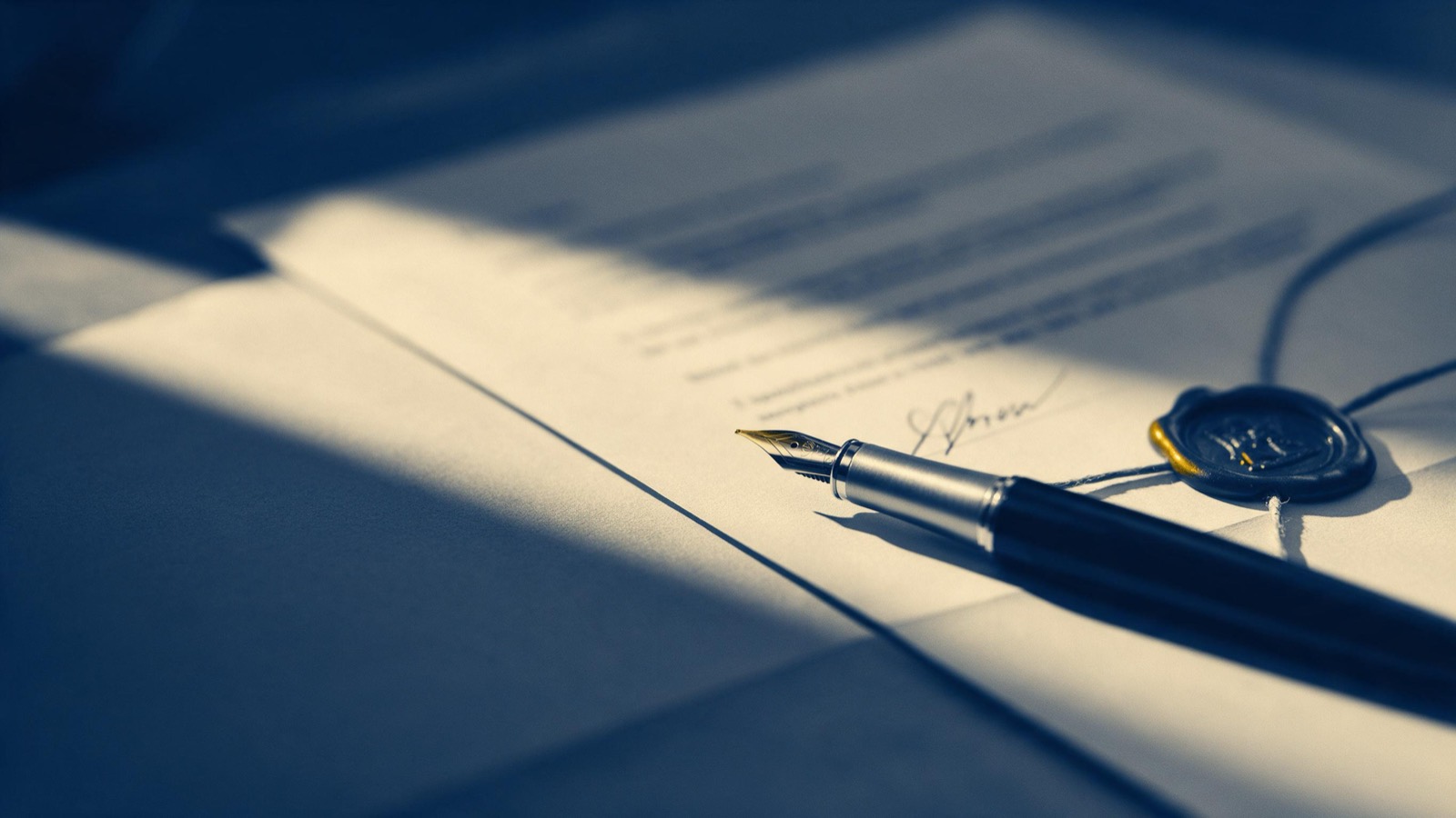 a fountain pen resting on a signed document, wax seal beside it, the writing blurred