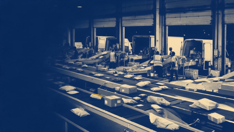 a busy covered market hall seen from above, stalls in neat rows