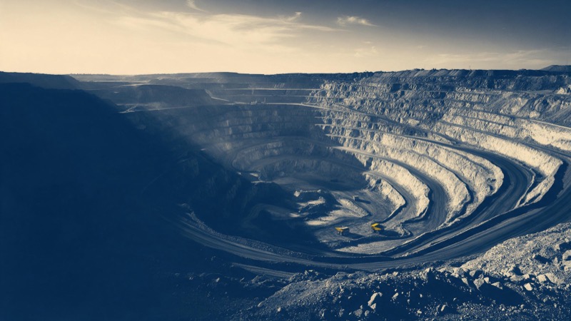 a vast open-pit mine terraced like an amphitheatre, haul trucks small at the bottom