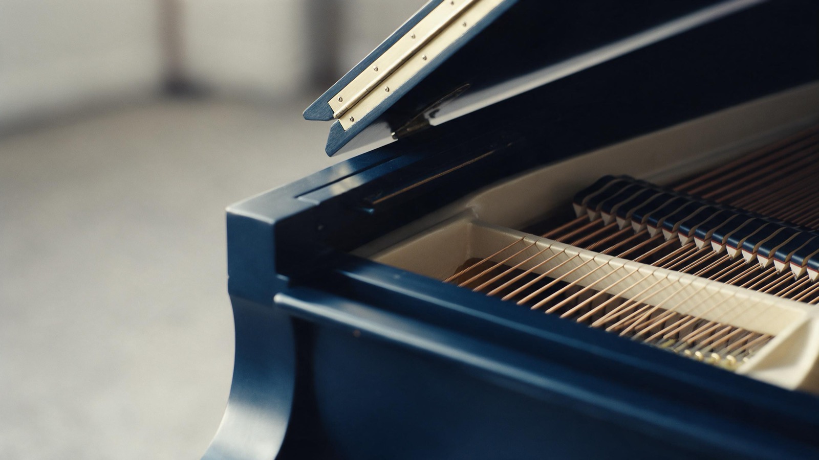 a grand piano's open lid and strings, close up