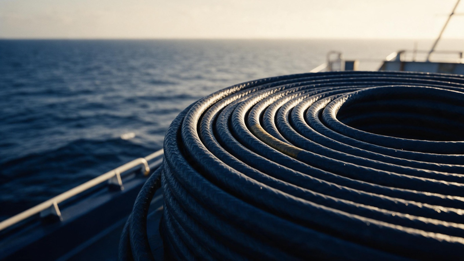 undersea fibre cables coiled on a ship's deck before laying