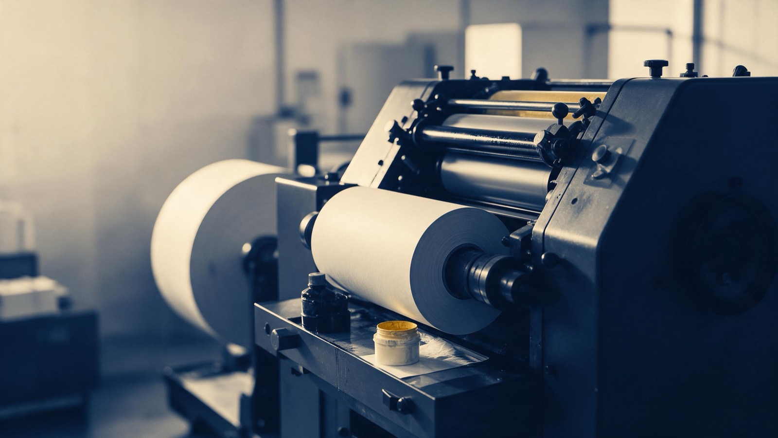 a printing press with newspaper rolls, ink and paper, no readable headlines