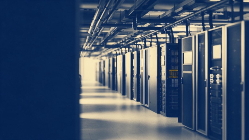 a supercomputer hall with long aisles of cabinets and cooling pipes