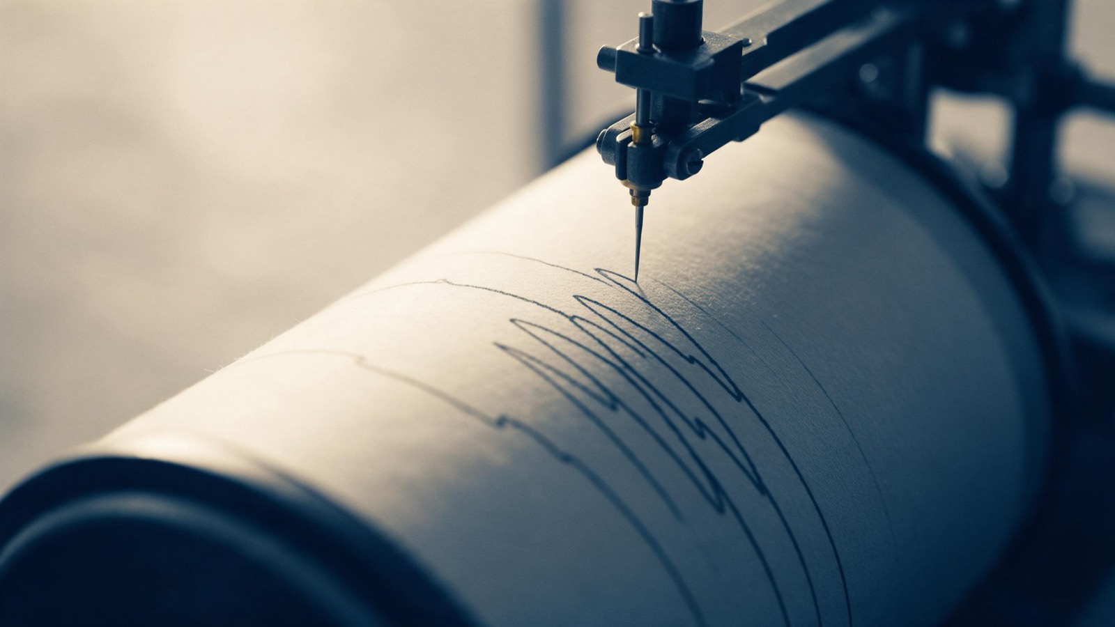 a seismograph needle drawing a line on a paper drum, close up