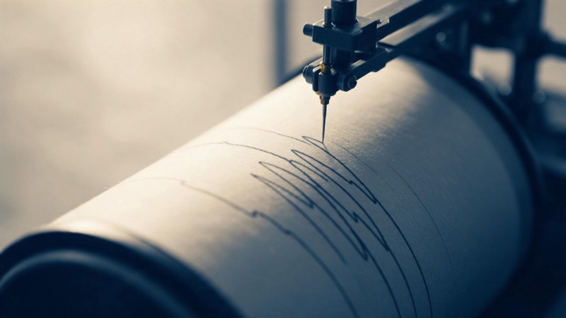 a seismograph needle drawing a line on a paper drum, close up