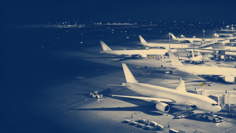 an airport apron at dusk, aircraft tails in a row, runway lights