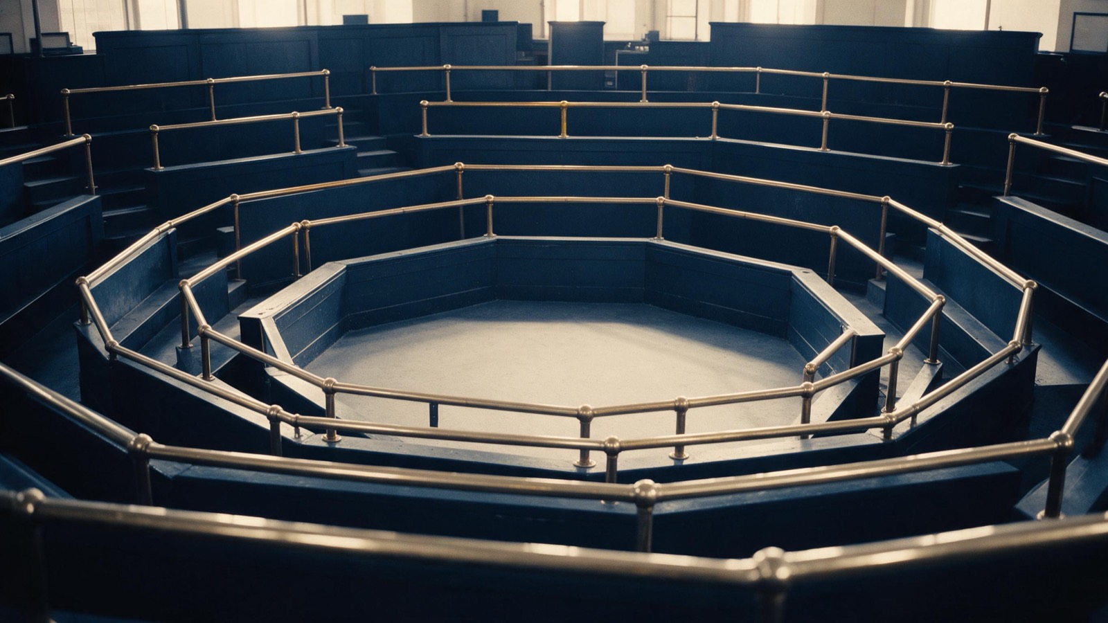 An empty trading pit with tiered octagonal steps in a vast exchange hall at dawn, brass rails gleaming and the floor swept bare