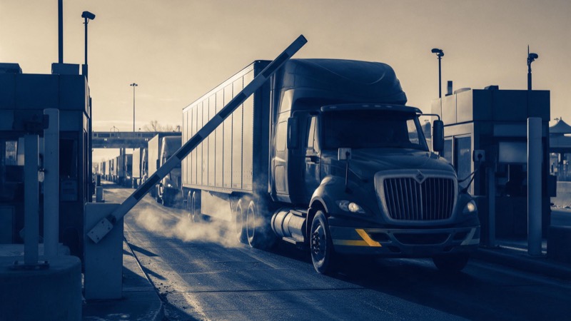 A barrier arm rising at dawn as the first truck of a long, idling line rolls forward through the booths, exhaust steaming in the cold