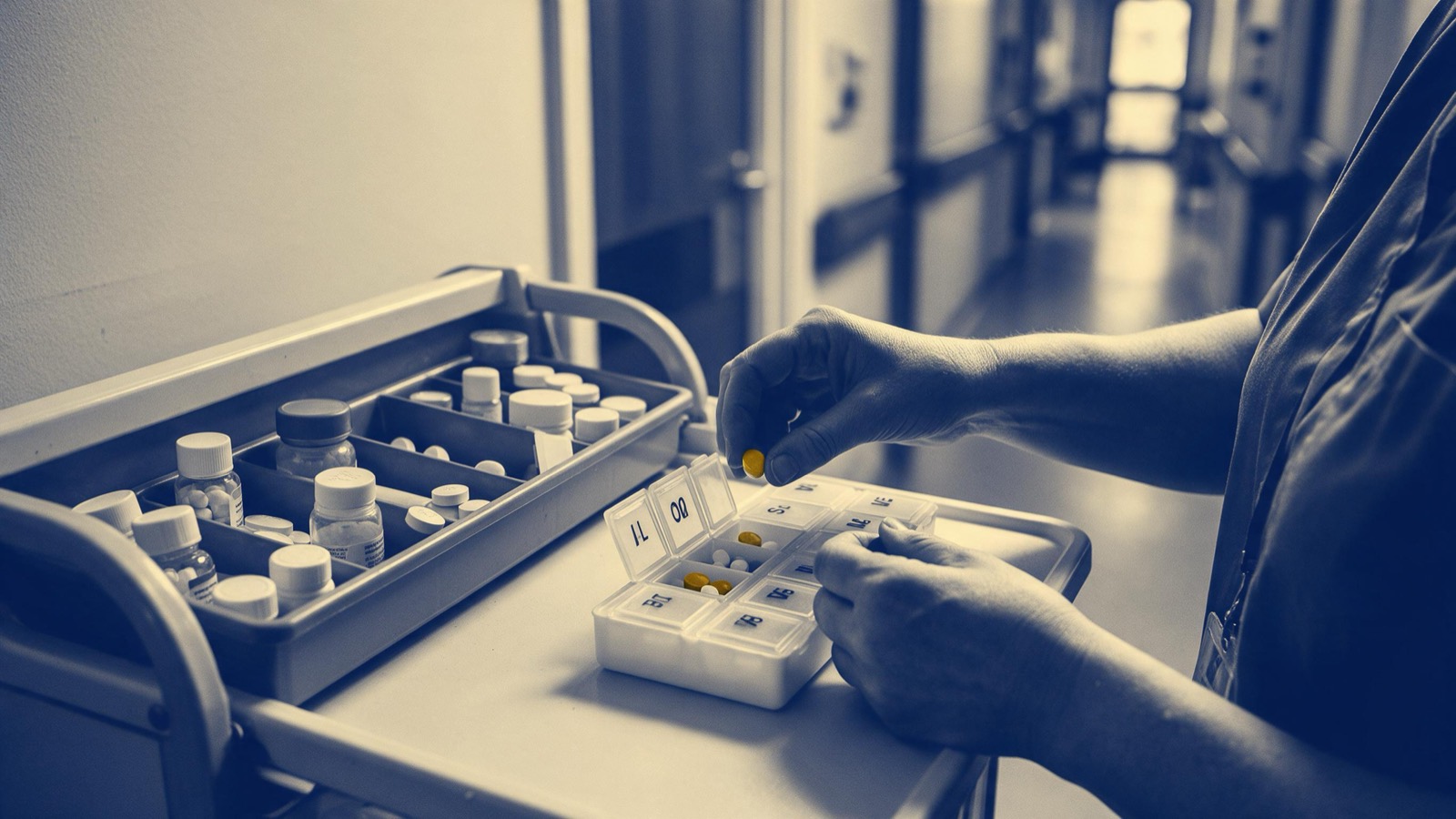 A care worker's hands filling a weekly pill organiser tray beside a medicines trolley in a quiet corridor