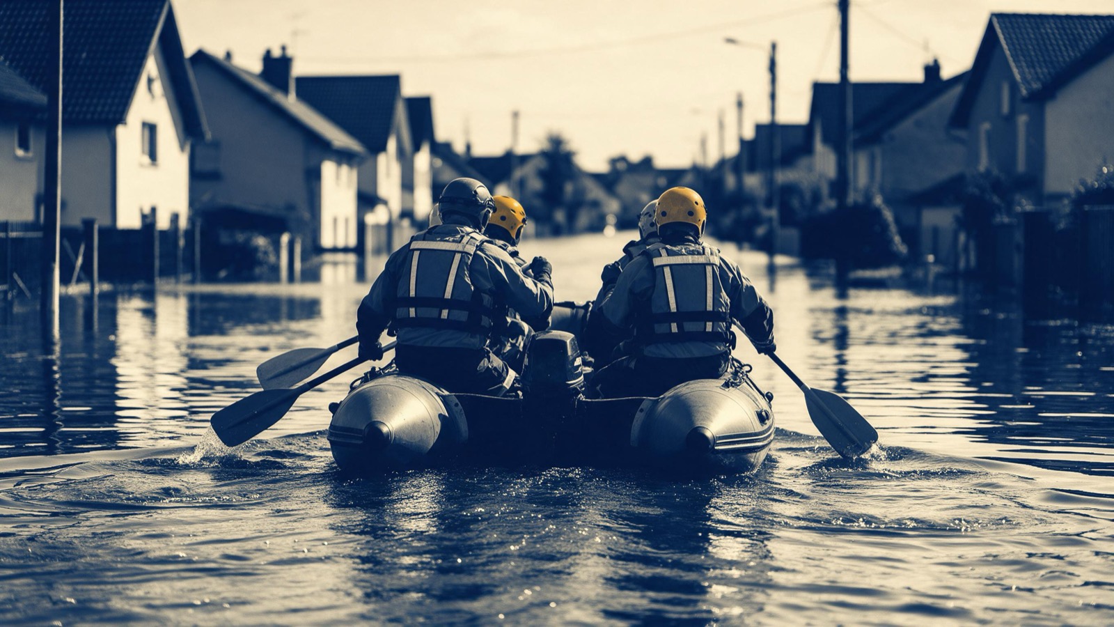 Rescue workers in an inflatable boat seen from behind crossing a flooded street between houses, paddles dipping into brown water