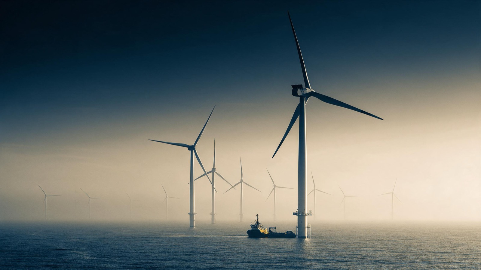 Offshore wind turbines in a flat grey sea at first light, white towers repeating into mist, a small service vessel at the foot of the nearest