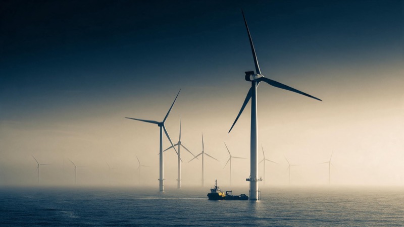 Offshore wind turbines in a flat grey sea at first light, white towers repeating into mist, a small service vessel at the foot of the nearest