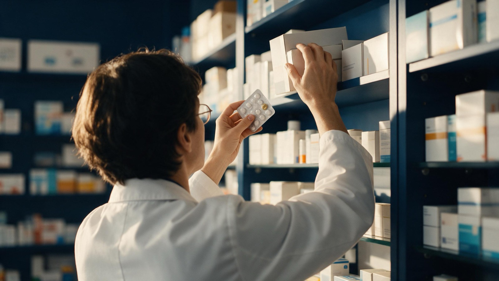 A pharmacist in a white coat seen from behind pulling boxes from a high shelf, a blister pack held in one hand