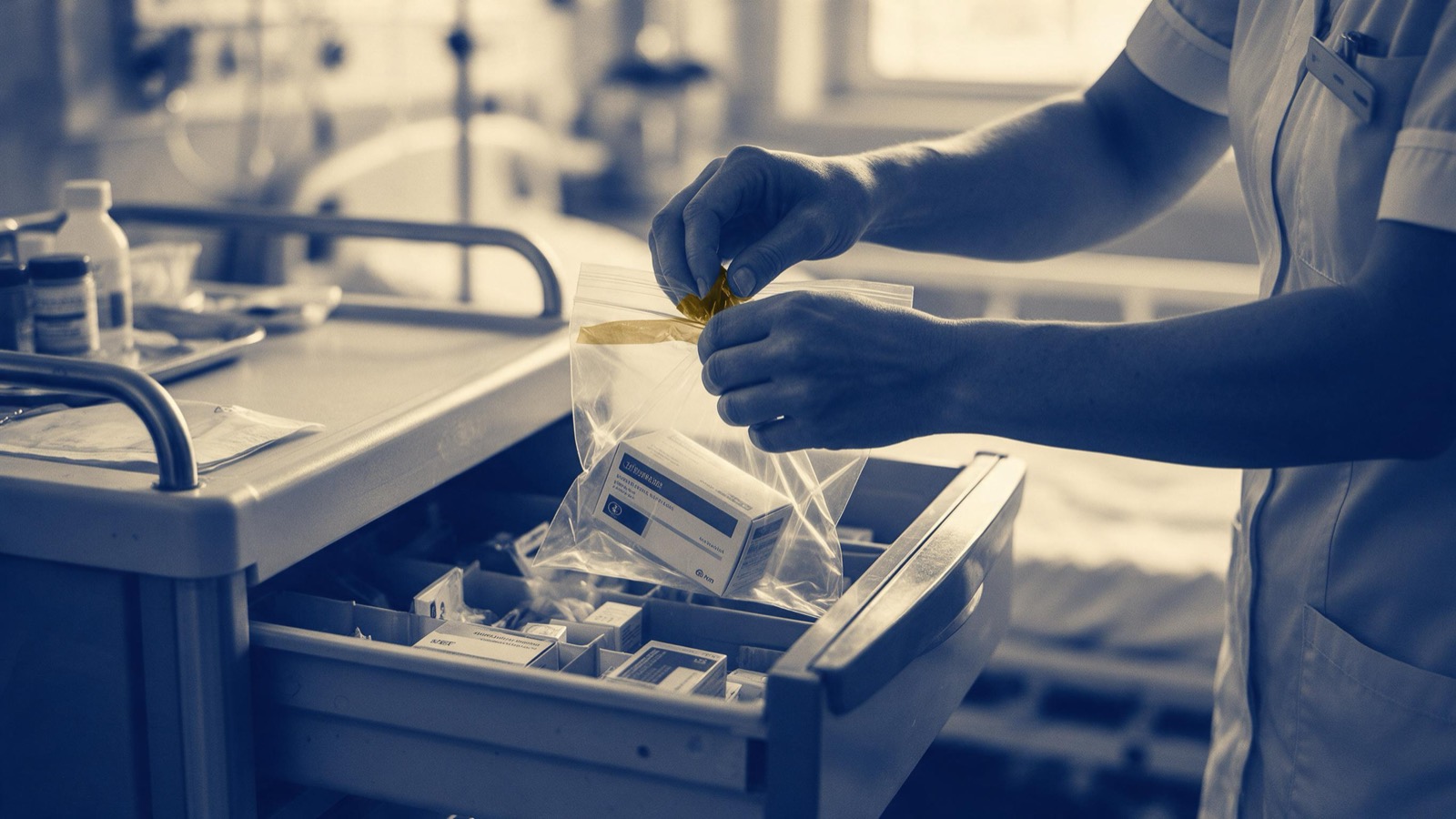 A nurse's hands lifting a medicine box out of a ward trolley drawer and sealing it into a clear plastic bag