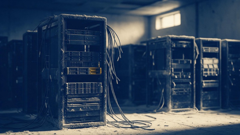 A decommissioned server room with dusty, switched-off racks and cut cables hanging loose, grey light from a small high window