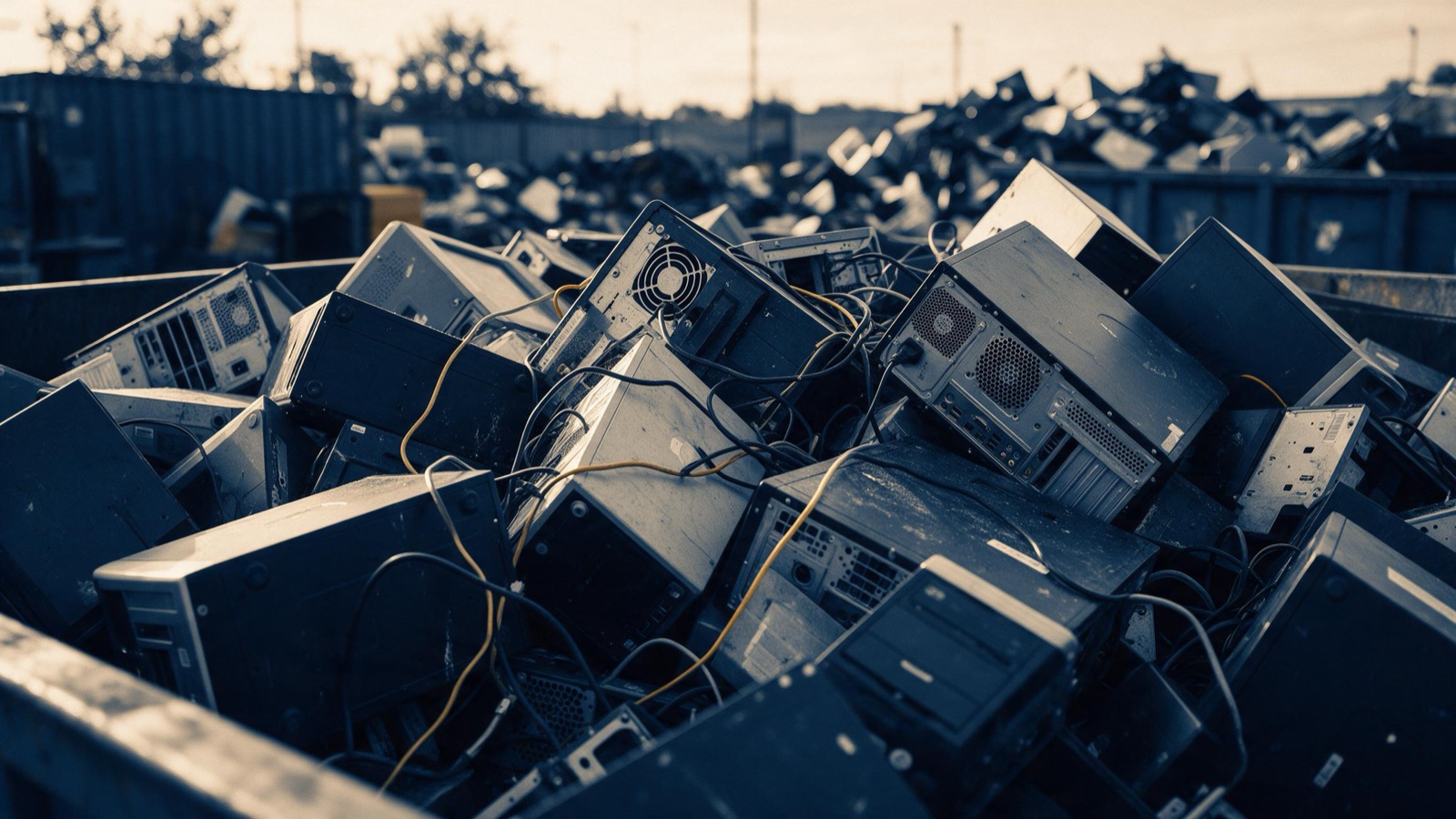 Old computer towers and servers piled in a recycling yard container, dust and cables caught in low evening sun