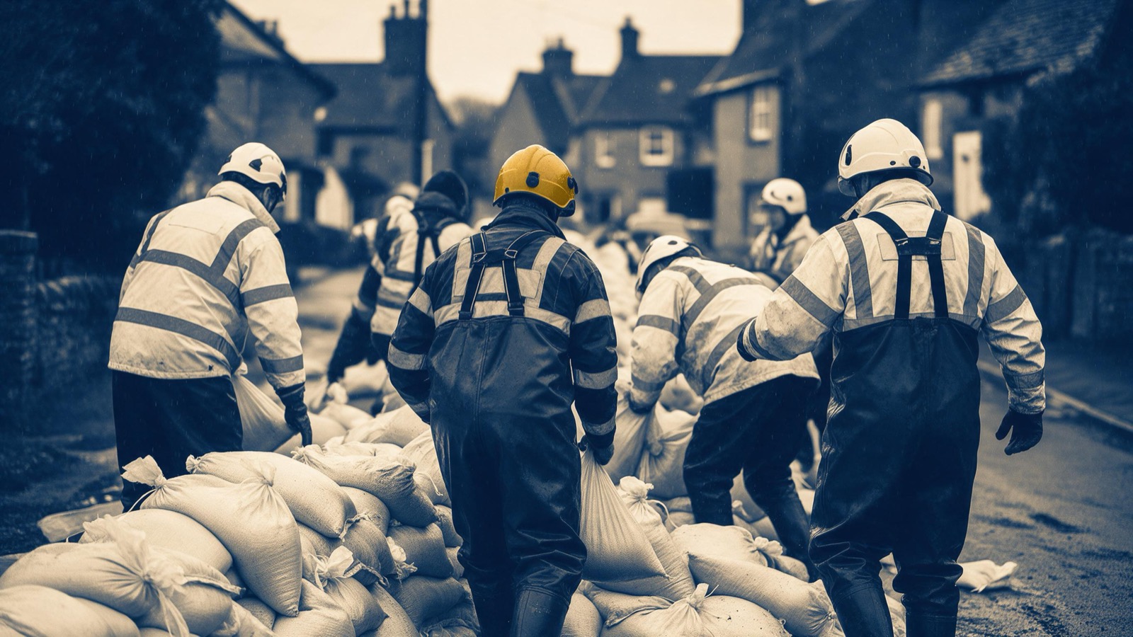 Emergency crews in waders and hi-vis seen from behind stacking sandbags along a village street as rain falls
