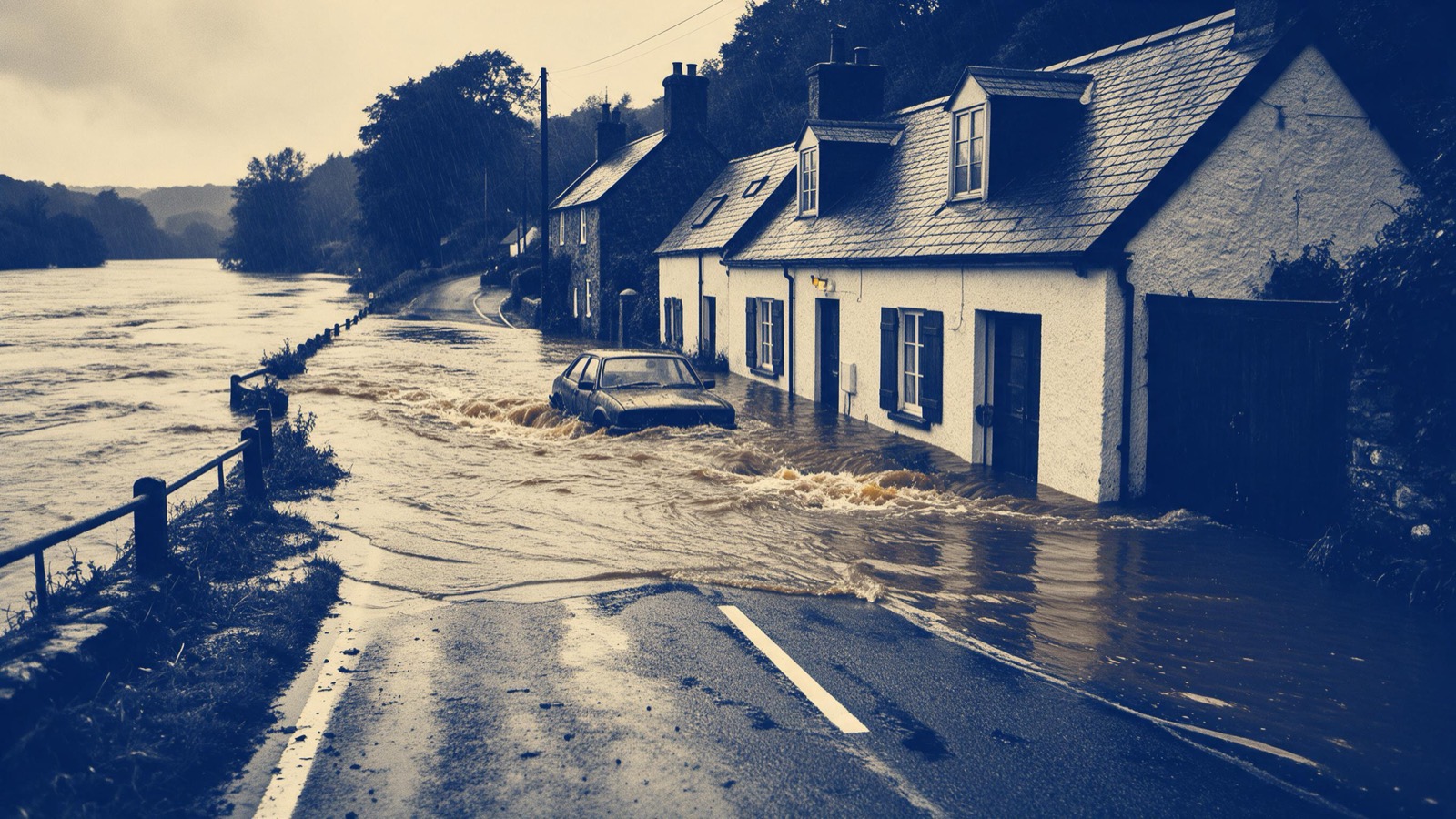 Brown floodwater spilling over a riverside road and reaching cottage doors in the rain, a car abandoned at the water's edge