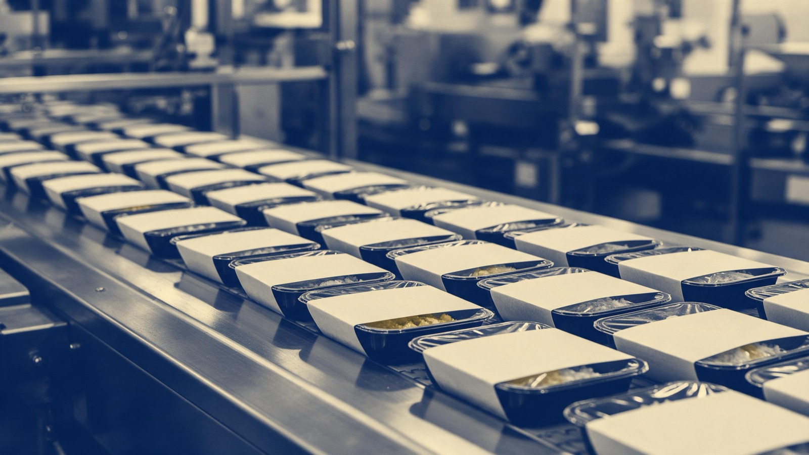 A food factory production line carrying rows of identical unlabelled packaged meals along a steel conveyor under white hygienic light