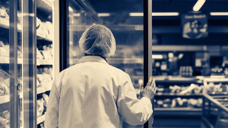 A food safety officer in a white coat and hairnet seen from behind inspecting a supermarket chiller, hand resting on an open door