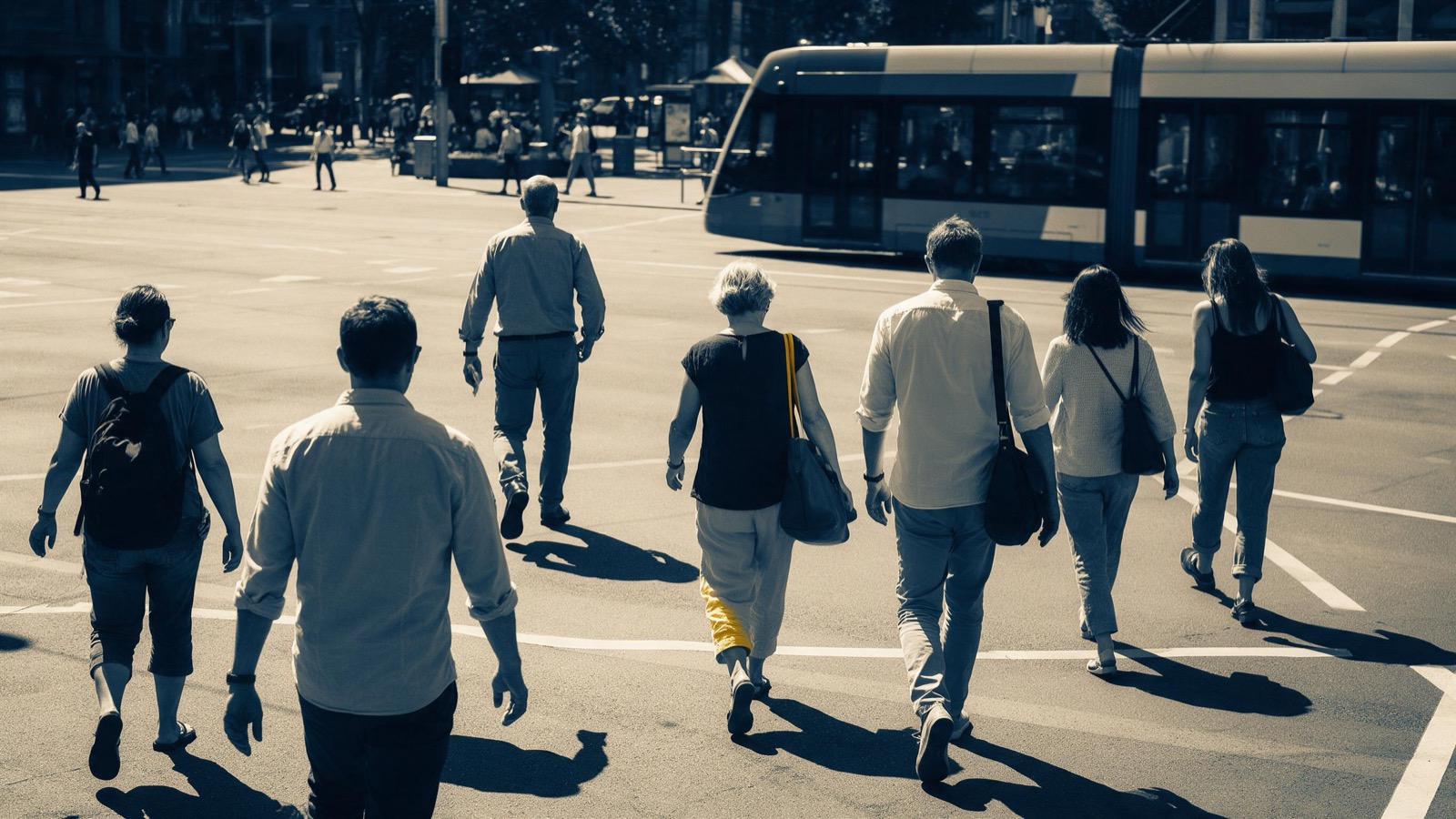 Pedestrians seen from behind crossing a wide city intersection at lunchtime, a tram gliding past, long shadows in hard summer sun