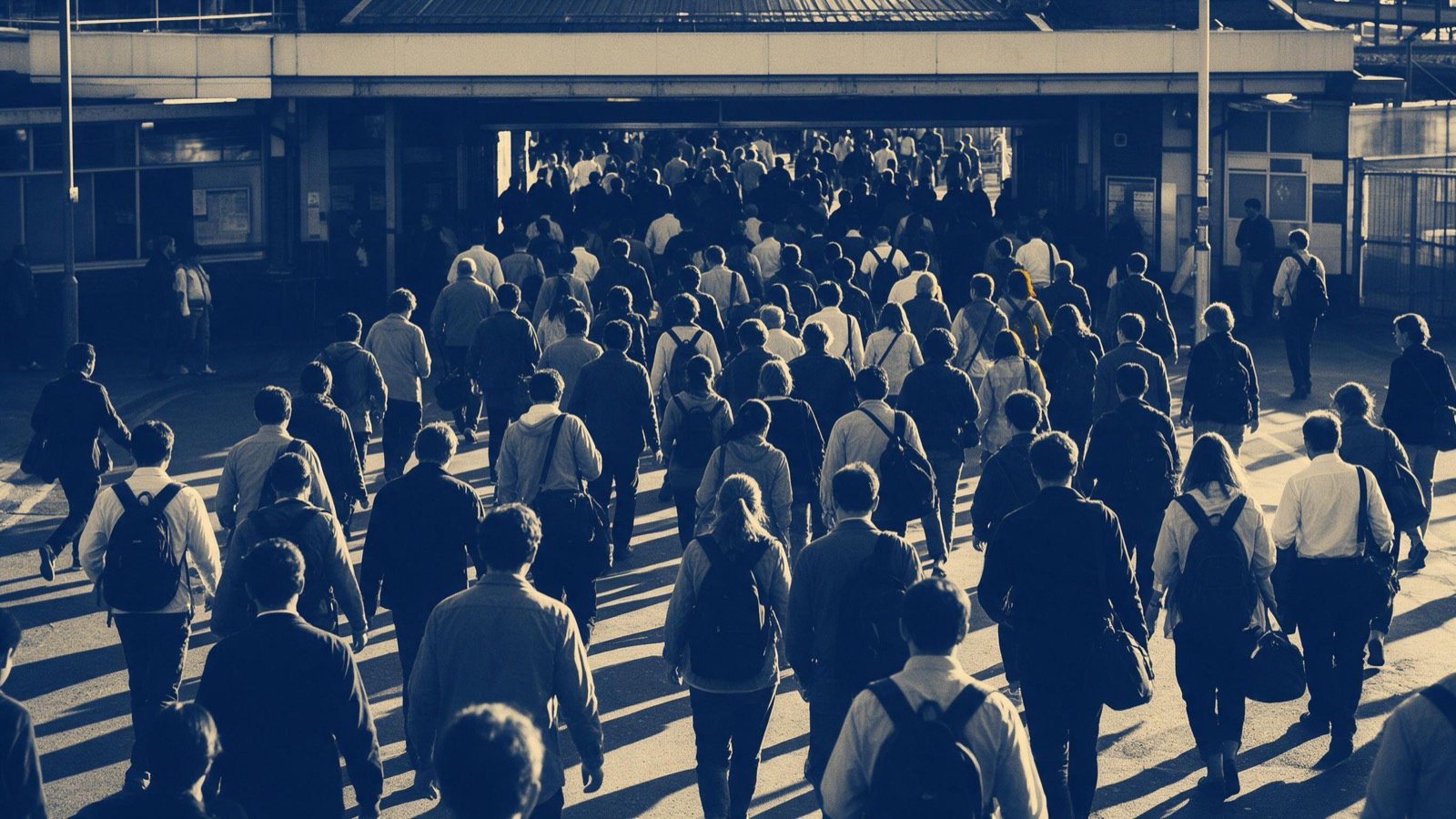 A crowd streaming out of a railway station at evening rush hour, seen from behind in long golden shadows