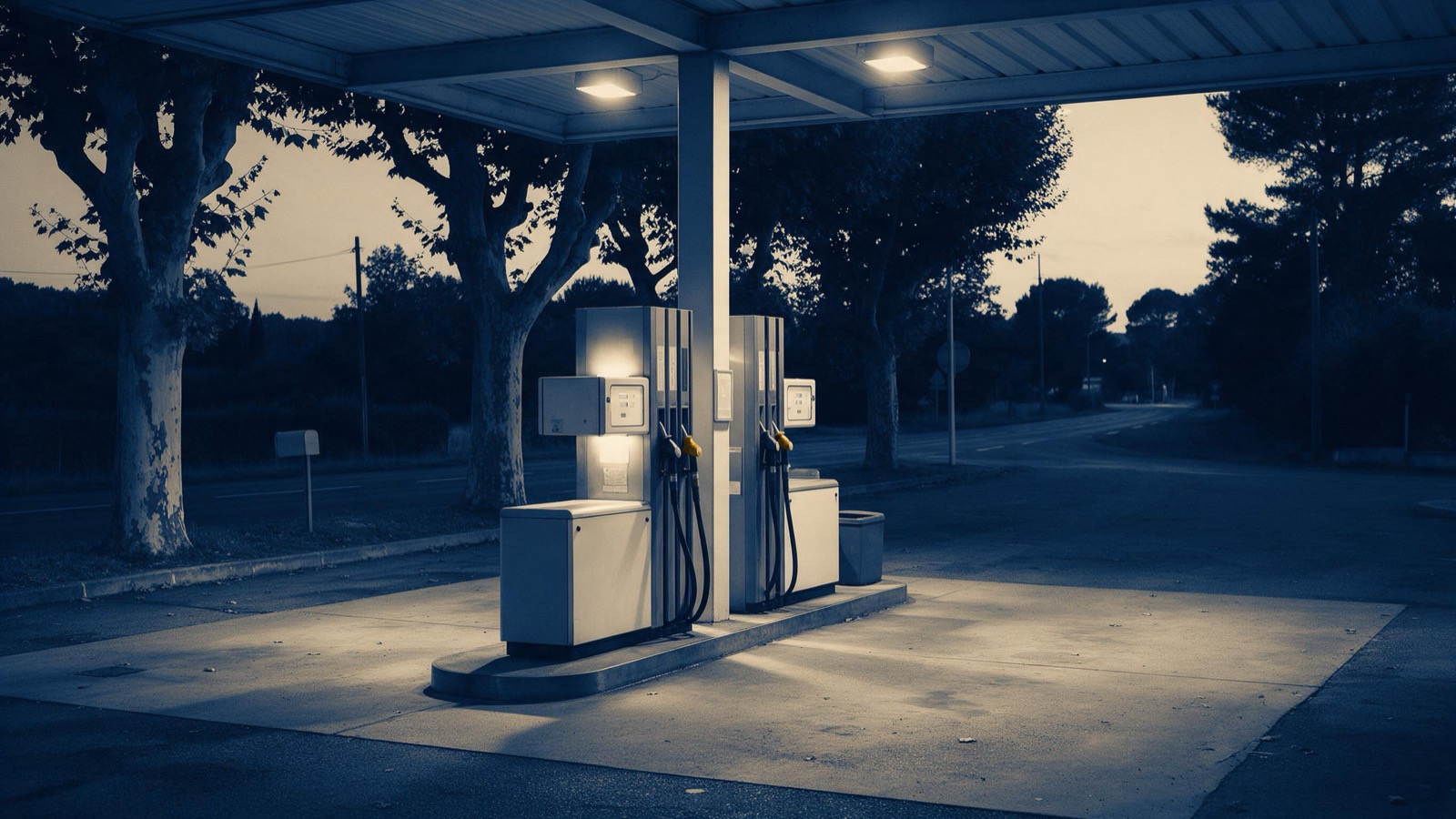 A French roadside filling station at twilight, pumps glowing under a bare canopy, plane trees lining the verge and a quiet road beyond