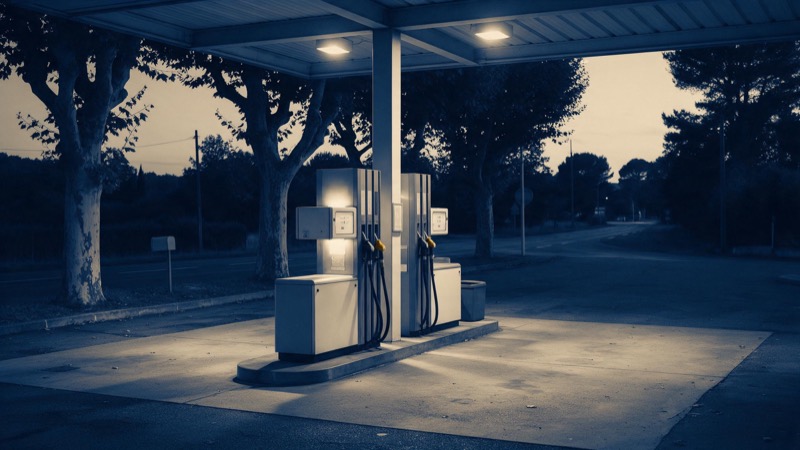 A French roadside filling station at twilight, pumps glowing under a bare canopy, plane trees lining the verge and a quiet road beyond