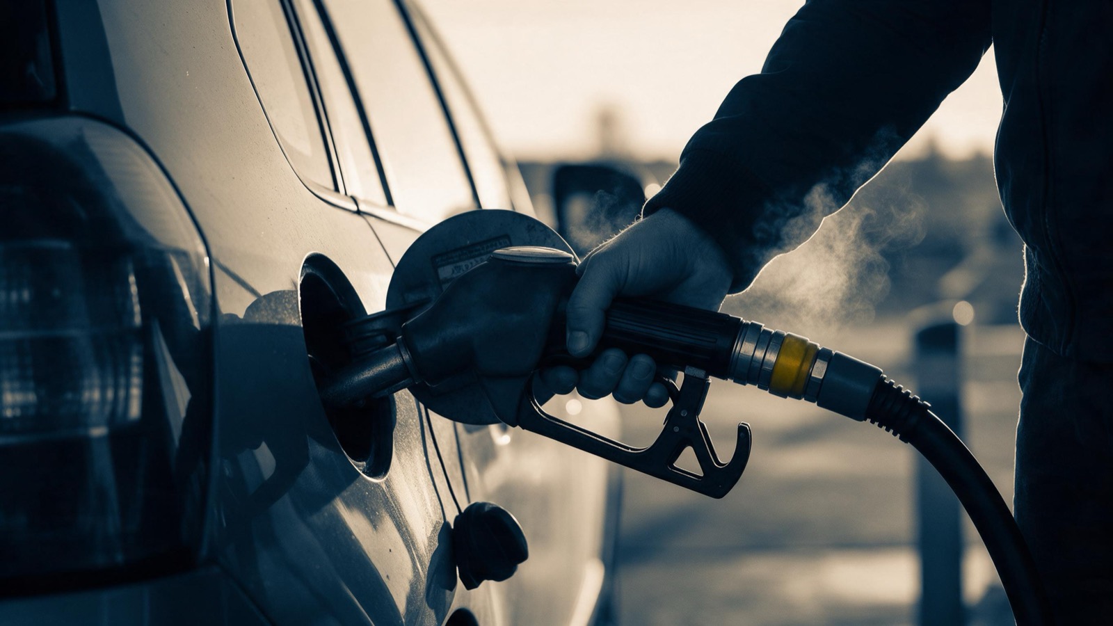 A driver's hand holding a fuel nozzle in the tank of a small hatchback at dawn, breath misting in the cold air