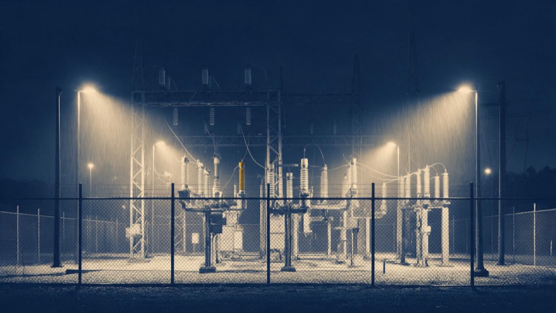 A floodlit electrical substation at night, steel gantries and insulators rising behind a chain-link fence, rain streaking the light