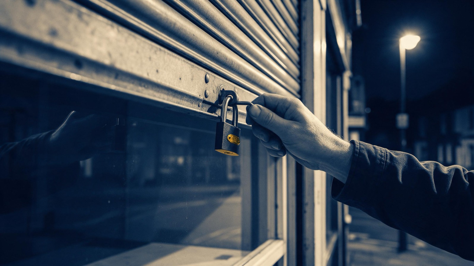 A shopkeeper's hand locking a padlock and drawing a roller shutter down over an emptied shop window in the dark under a streetlamp