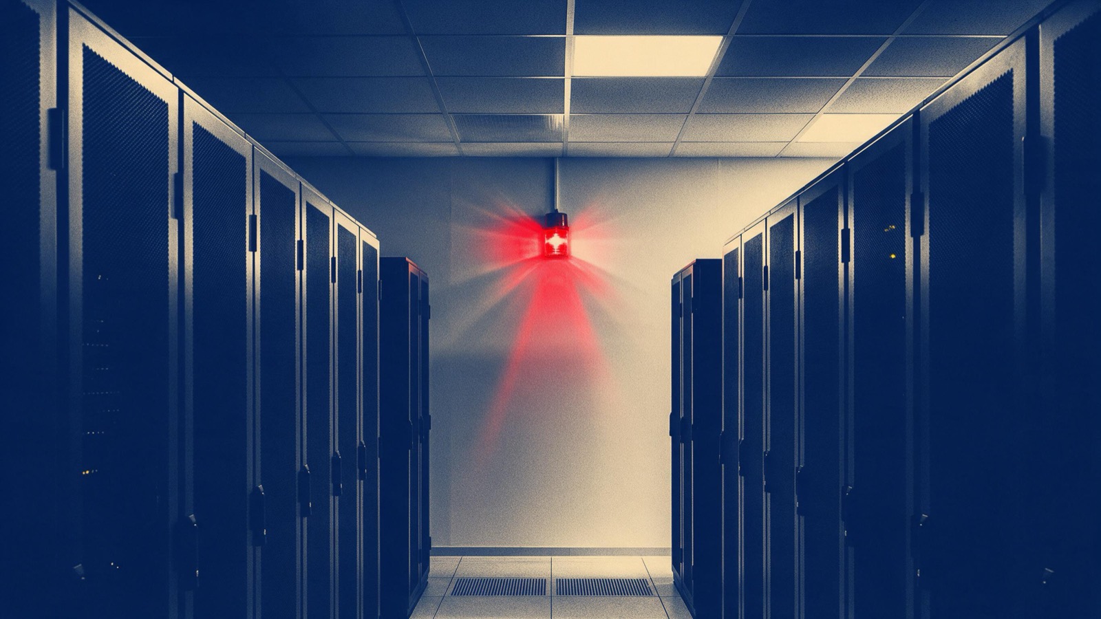A red warning beacon flashing on the wall of a server room, casting red light down an empty aisle of racks