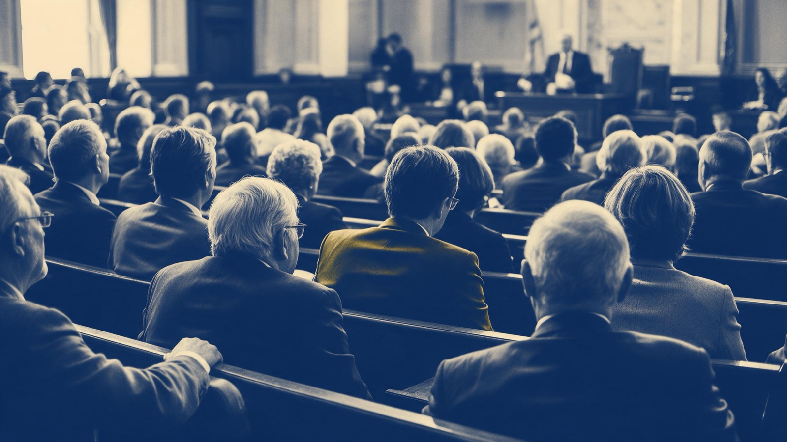 Legislators seen from behind on tiered benches in a crowded chamber, heads turned toward a speaker standing at the far end