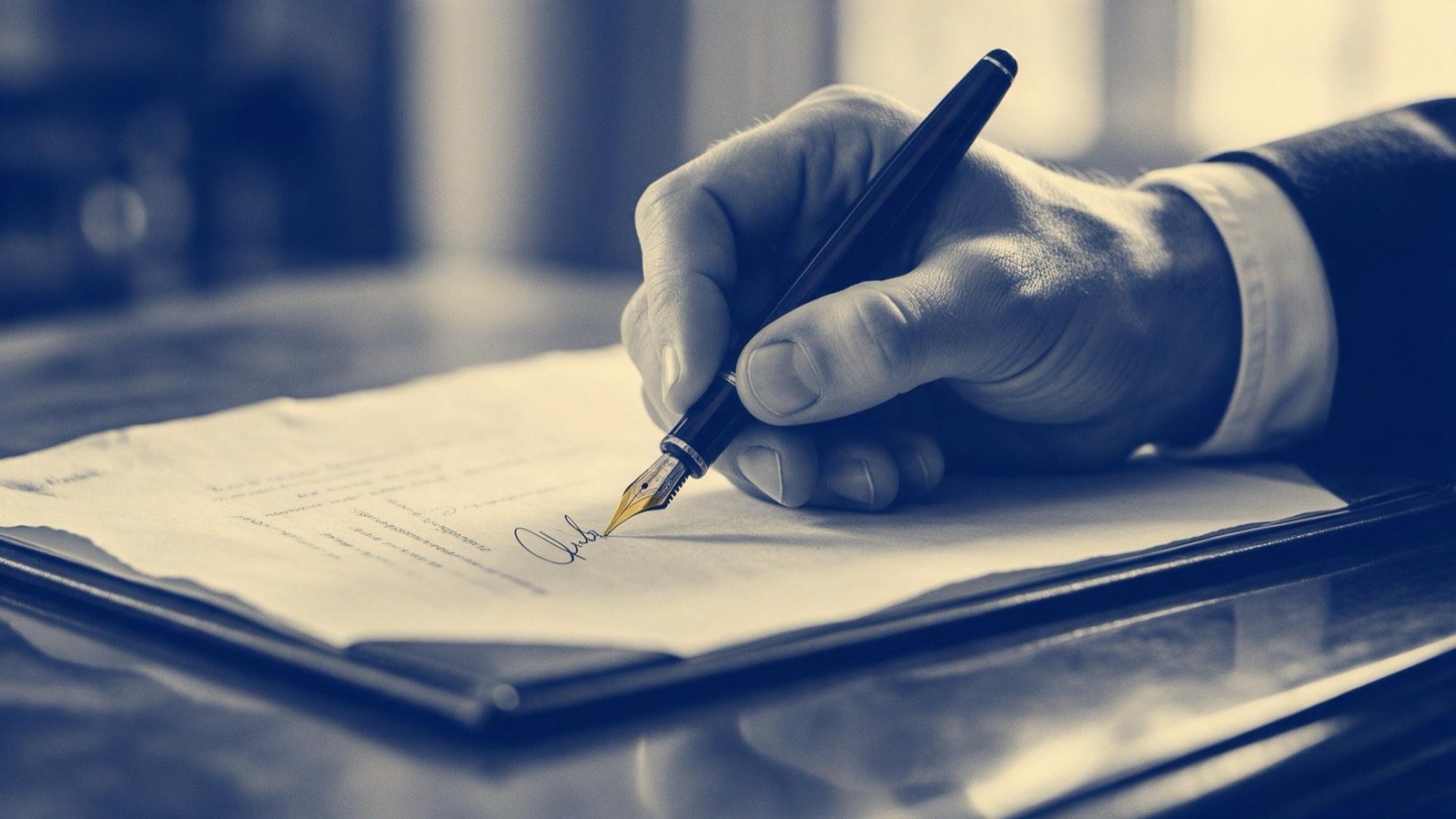 A hand signing a bound parchment at a polished desk with a fountain pen, only the hand and a cuff in frame