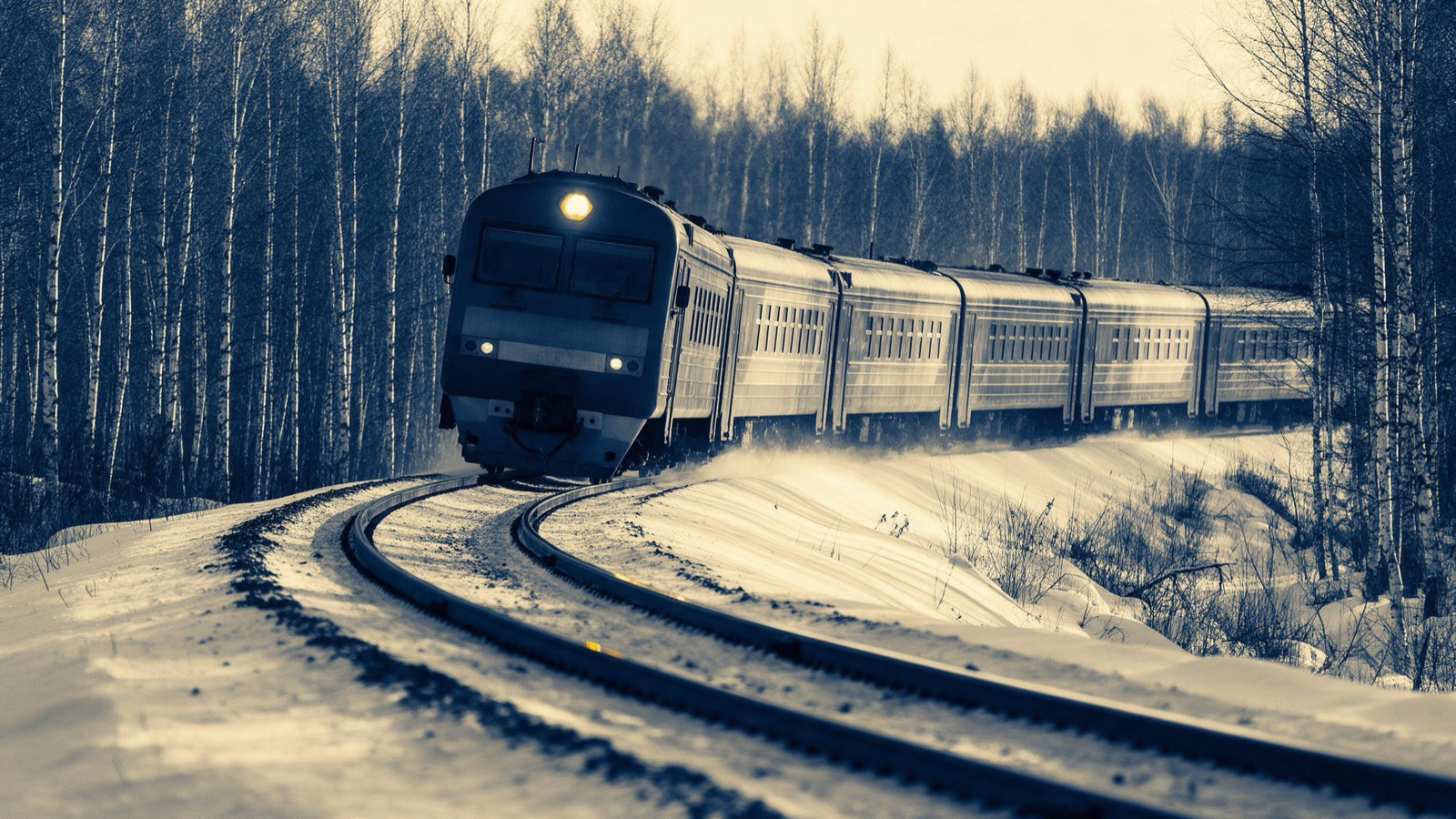 A long passenger train curving through snowbound birch forest in pale winter light, its headlamp glowing, steel rails glinting ahead
